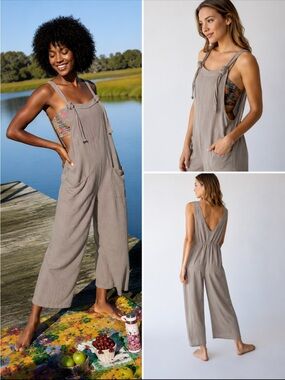 NATURAL LIFE Carly Taupe Tie-Shoulder Wide-Leg Jumpsuit